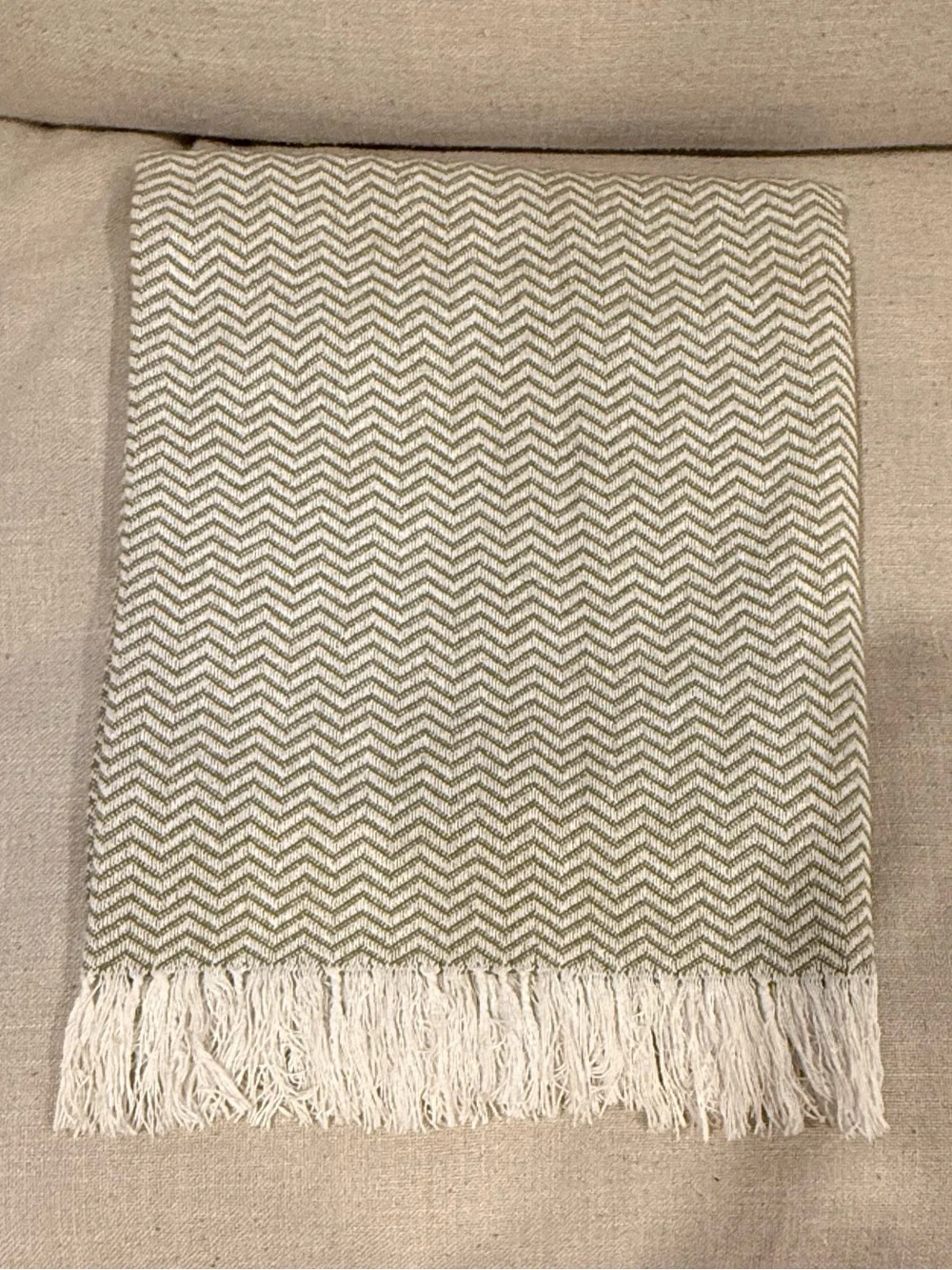 Sferra Luxury Cotton Chevron Throw Blanket Olive/Cream Fringe
